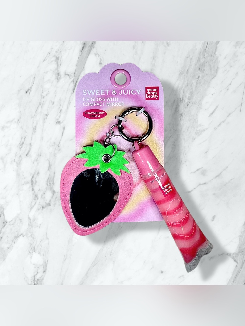Moon Drops Beauty Strawberry Cream Pink Lip Gloss with Mirror Keychain